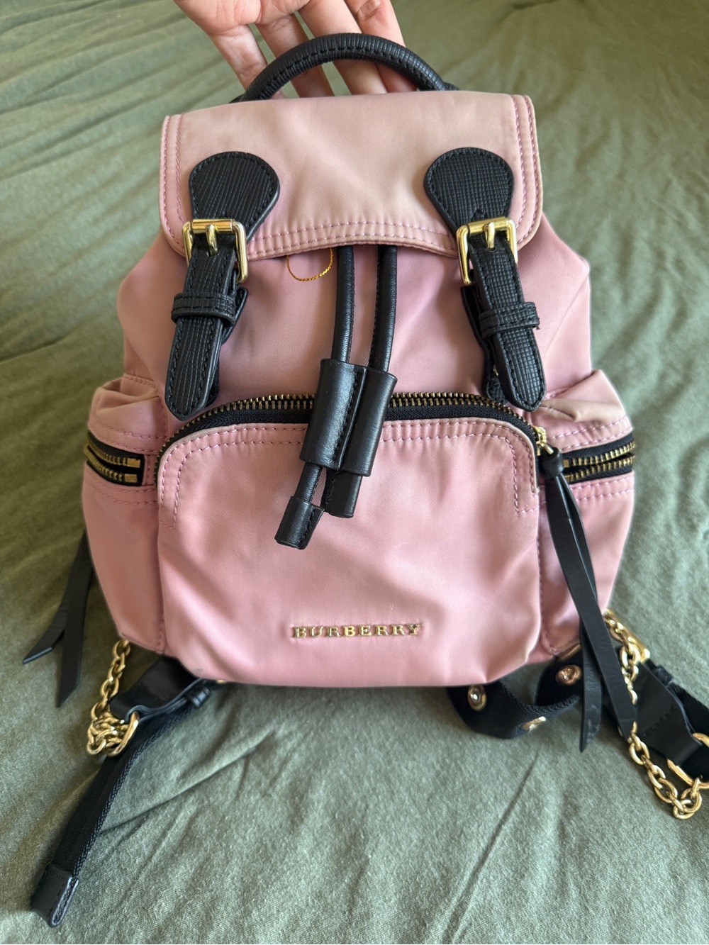 Burberry Pink Mini Backpack with Black Trim and Gold Hardware